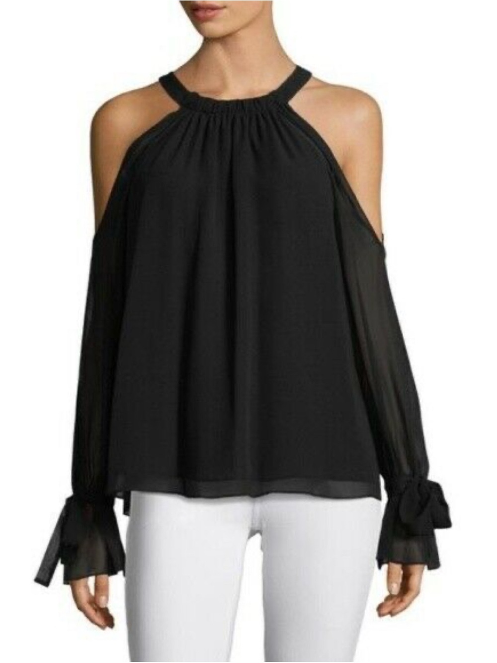 BCBGMaxAzria 100% Silk Fatima Black Cold-Shoulder Sheer Sleeve Halter Large - Picture 3 of 5